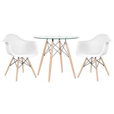 Imagem de Loft7, Kit Mesa Redonda de Vidro Eames 80 cm + 2 Cadeiras Eames Eiffel DAW, Polipropileno, Aço e Madeira, Escritório, Sala de Estar e Sala de Jantar - Branco