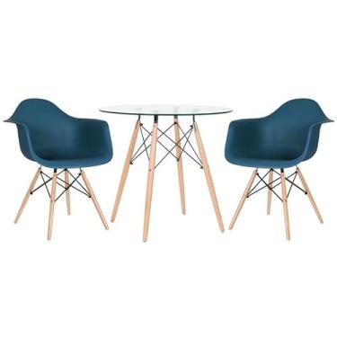 Imagem de Loft7, Kit Mesa de vidro Eames 80 cm + 2 cadeiras Eames Daw azul petróleo