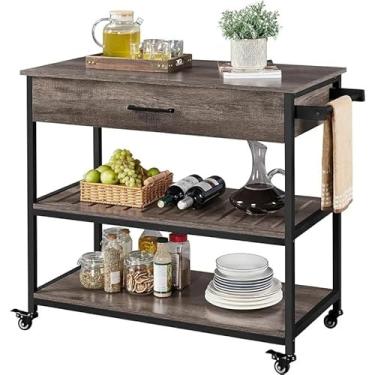 Imagem de Carrinho utilitário Ilha de cozinha sobre rodas, carrinho rolante com gaveta armazenamento e toalheiro, suporte para micro-ondas prateleira utilitária(Taupe Wood)