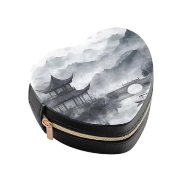 Imagem de Burbuja Caixa de joias em forma de coração com pintura de tinta chinesa, mini estojo de joias de viagem para mulheres e meninas, organizador portátil de armazenamento para brincos, anéis, colares e