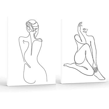 Imagem de 2 peças de pintura de arte de linha corporal nua mulher nua yoga pôster em tela abstrato linha desenho impressão moderna imagens de parede decoração de casa emoldurada