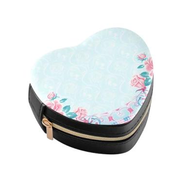 Imagem de Burbuja Mini caixa de joias floral em forma de coração azul para mulheres e meninas, estojo portátil organizador de armazenamento para brincos, anéis, colares e pulseiras