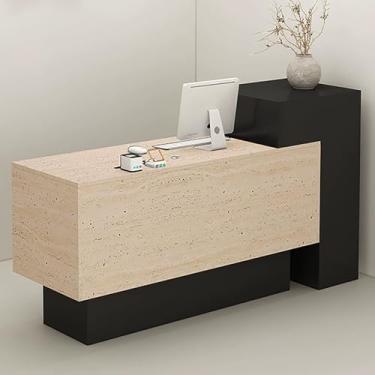 Imagem de Mesa de recepção moderna com gavetas trancáveis, orifício para cabos e prateleiras de armazenamento abertas - Grande balcão frontal para loja de varejo ou escritório (bege, 120 x 50 x 110 cm)