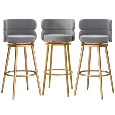 Imagem de Conjunto de 3 bancos de bar estofados, cadeiras giratórias para café da manhã com 65 cm de altura, bancos de cozinha com encosto alto, apoio para os pés de metal preto, cinza