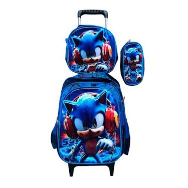 Imagem de Kit Mochila Sonic 3D com Rodinhas + Lancheira Térmica e Estojo Escolar