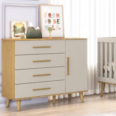 Imagem de Cômoda de Bebê Fraldario 4 Gavetas 1 Porta Ludmilla Off White/Bétula