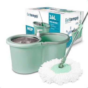 Imagem de Mop Giratório Limpeza Esfregão 360º Balde 16 Litros Cesto Aço Inox Cabo Longo 140cm Com Refil Rodas E Alça Beltempo