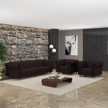 Imagem de Conjunto Sala de Estar Stanford Chesterfield G58 Madeira e Couro 240cm Marrom Gran Belo