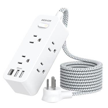 Imagem de Protetor contra surtos de linha elétrica, cabo de extensão de 1,5 m, 6 tomadas com 3 portas USB (1 tomada USB C), extensor de saída de 3 lados, suporte de parede, compacto para viagens, casa, escola,