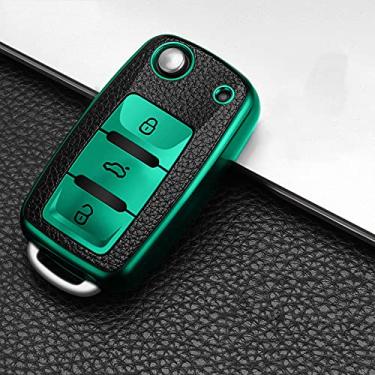Imagem de YJADHU TPU couro masculino feminino chaveiro capa de chave de carro, apto para Volkswagen VW Jetta Golf Passat Beetle Skoda Seat Polo B5, A, verde