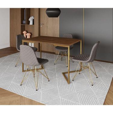Imagem de Mesa Jantar Industrial Retangular Amêndoa 120x75 Base V com 4 Cadeiras Estofadas Grafite Aço Dourado