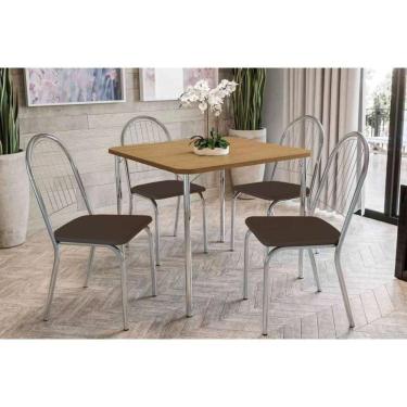 Imagem de Sala de Jantar Completa Elba C/ Tampo 90cm + 4 Cadeiras Noruega Cromado Courano Marrom