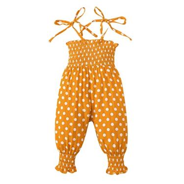 Imagem de Macacão infantil para meninas com 8 anos, sem mangas, com estampa de bolinhas, suspensórios, roupas de aniversário, Amarelo, 9 Months