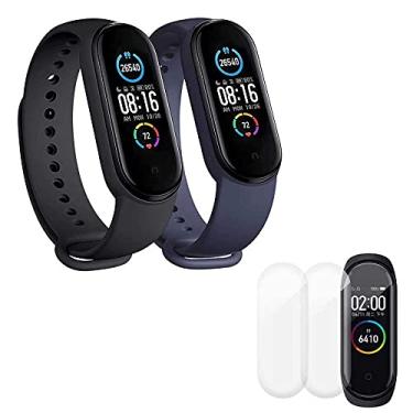 Imagem de Kit 2 Pulseiras Silicone Sport Compatível Mi Band 5 6 Preta e Azul + 2 Películas Gel [FIT IT]