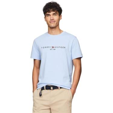 Imagem de TOMMY HILFIGER Camiseta masculina de modelagem regular com logotipo Tommy bordada, gola redonda, coleção 2024, (2024) Azul Romântico., GG