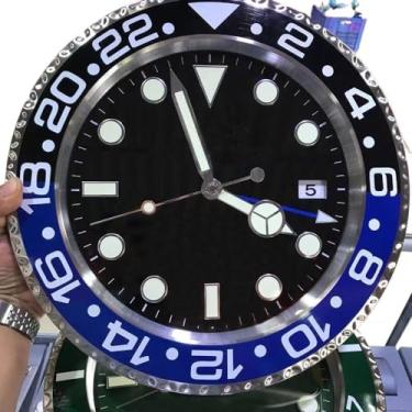 Imagem de Relógio de parede com data grande design moderno relógio de metal em forma de relógio silencioso calendário quartzo agulha relógio de parede de luxo (cor: preto azul, tamanho: 34 cm (13,3 polegadas))