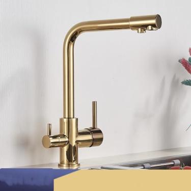 Imagem de Filtro torneira da cozinha cromo beber água pura torneira da cozinha deck montado alças duplas 3 maneiras misturador de água quente e fria, dourado a, 1