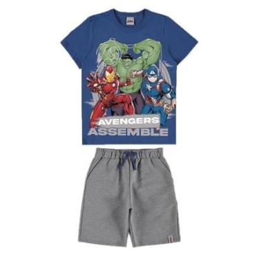 Imagem de Conjunto Avengers Assemble Malwee Camiseta Bermuda Moletinho Vingadores América Homem de Ferro Azul-Masculino