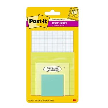Imagem de Post-it Pacote de estudo com notas super adesivas, vários tamanhos, 4 blocos/pacote