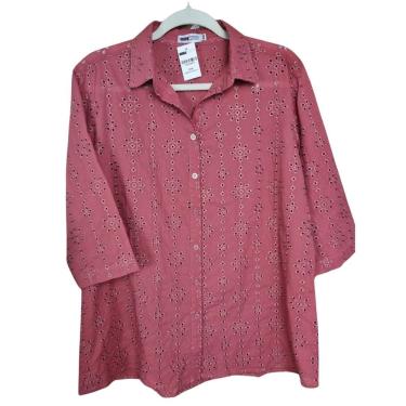 Imagem de Camisa Camisete Feminina Laise 100% Algodão Com Manga 3/4 Rosa Plus Size Doce Brisa