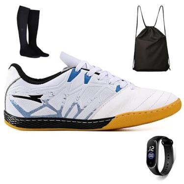 Imagem de Kit Chuteira Futsal Masculina Bico de Couro + Mochila + Meião e Relogio Adulto