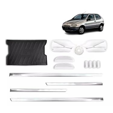 Imagem de Kit Apliques Cromados Maçanetas laterais + Tampa de combustível + retrovisores direito e esquerdo + Tampas de válvulas de pneu cromadas + Protetor de porta malas + Friso Slim Palio 2 Portas 1996/2000