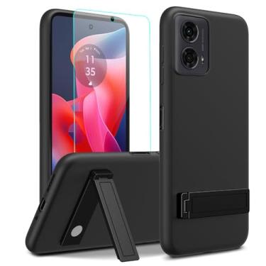 Imagem de Capa de telefone compatível com Motorola Moto G24 4G / G04 4G /G04S / E14 4G com protetor de tela de vidro [3 formas de suporte] Capa protetora de silicone TPU à prova de choque de metal - preta