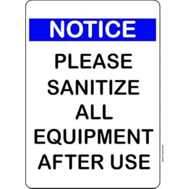 Imagem de Placas de higienização NapTags para academia, local de trabalho, estúdio, alumínio branco sublimado, cantos arredondados, inclui abas adesivas para fácil instalação, Please Sanitize All Equipment After Use, 5" x 7"