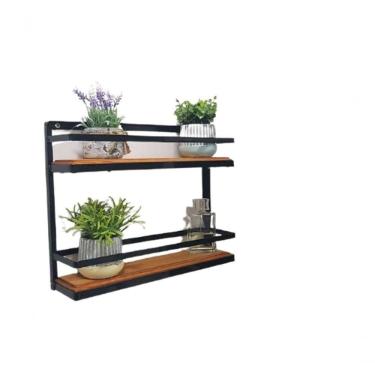 Imagem de Prateleira Ferro Dupla Preta Madeira 2 Andares 40 Cm Altura