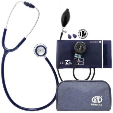 Imagem de Kit Enfermagem Acadêmico Azul Bic Estetoscópio Duplo + Esfigmo Aparelh