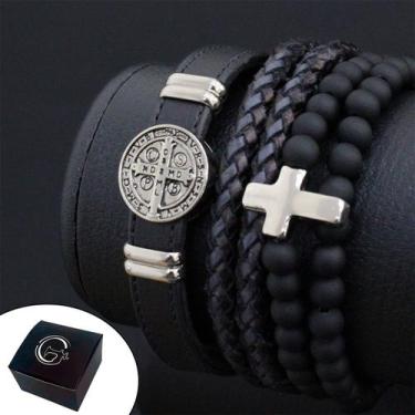 Imagem de Kit/Mix Pulseiras Couro São Bento Cruz Fé Pedras Bolinha Top Preta - G