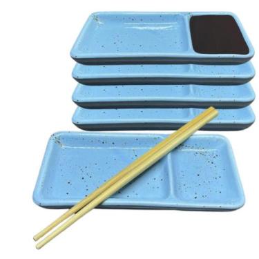 Imagem de Kit 6 Pratos Sushi Divisória para Shoyu Porcelana Sapporo Azul Comida 