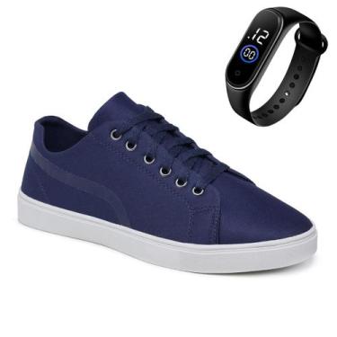 Imagem de Kit Tenis Sapatênis Casual Lona Com Relógio Masculino - Gmm Shoes, Azu