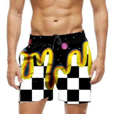 Imagem de Short Praia Shorts Banho Bermuda Verão Xadrez Galáctico Cartoon 1072 -