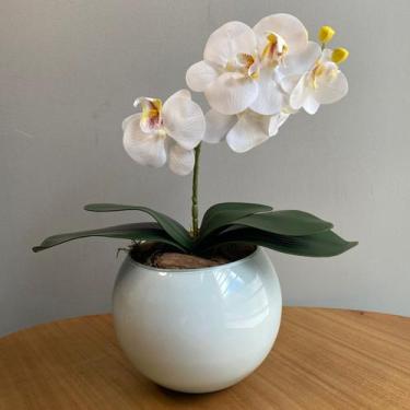 Imagem de Orquídea Branca Artificial Arranjo no Vaso Branco Flores Permanentes -