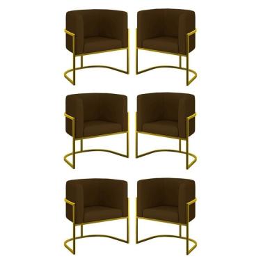 Imagem de Kit 06 Poltronas Lua Sala Decorativa Base Ferro Gold Corino Marrom