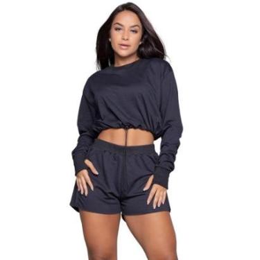 Imagem de Conjunto Cropped Manga Longa Gringa e Short Moletinho Serra e Mar Roupa Blogueira Moda Casual-Feminino
