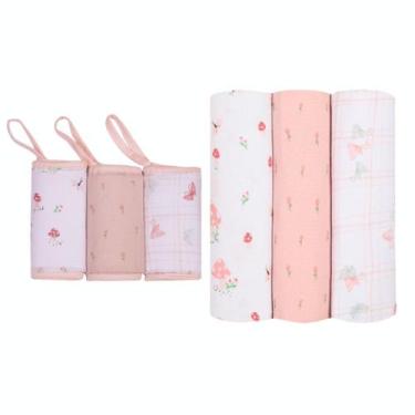 Imagem de Kit Cueiro 3 Peças  Flanelado E Toalhinha De Boca 3 Peças Bebe Menina 