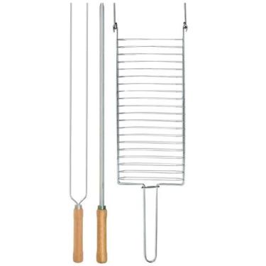 Imagem de Kit Preparo Churrasco 3pcs Churrasqueira Grelha e Espetos 55cm Simples