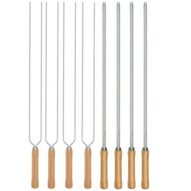 Imagem de Kit Preparo Churrasco 8pcs Churrasqueira Espetos 55cm Simples e Duplo 