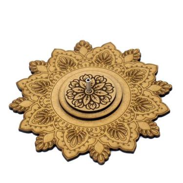Imagem de Incensário Flor de Lotus Mandala Indiano 13 cm em Madeira - Lua Místic
