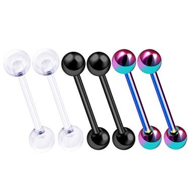 Imagem de MATIGA 6 peças preto arco-íris anodizado bioflex transparente 14 g barra piercing língua joia bico 6 mm bio 5 mm bola anodizada mais opções, Aço inoxidável Acrílico