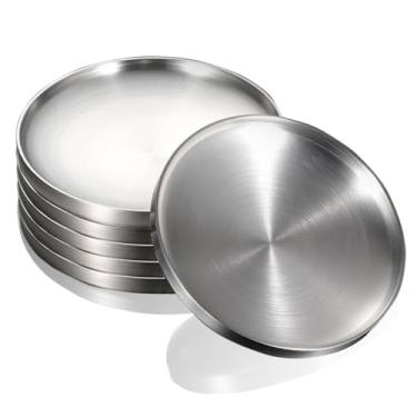 Imagem de CAMBUY Pratos de aço inoxidável, 6 peças, pratos de jantar de camada dupla, conjunto de pratos inquebráveis para cozinha, casa, acampamento, festa ao ar livre, churrasco (19 cm)