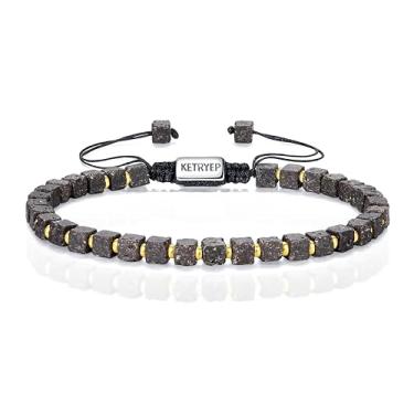Imagem de ketryep Pulseiras masculinas com contas quadradas de 4 mm de pedra natural para homens ônix preto fosco ágata olhos de tigre lava rock hematita pulseiras para homens presentes de Natal e aniversário