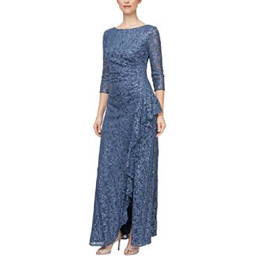 Imagem de Alex Evenings Vestido feminino longo de manga 3/4, mãe da noiva com babados cascata e fenda frontal, (tamanho pequeno e regular), Manga Wedgewood, 48