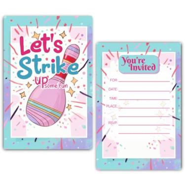 Imagem de XIAOPNN Convite de festa de aniversário de boliche rosa para meninas, suprimentos de festa de aniversário infantil, Let's Strike Up, 30 cartões com 30 envelopes
