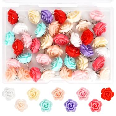 Imagem de DANRONG 40 peças de pinos decorativos, tachas de polegar para quadro de avisos, tachinhas fofas, tachinhas de flores coloridas para quadro de cortiça, mapa de fotos, pôster, calendário, suprimentos