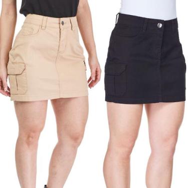 Imagem de Kit 2 Saias Feminina HNO Jeans Cargo Cintura Alta Preta e Bege, 38