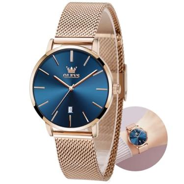 Imagem de OLEVS Relógio feminino de malha com data, analógico, quartzo, feminino, vestido clássico, relógio de pulso feminino à prova d'água (azul/preto/branco), Ouro rosa, azul, Round, relógios de negócios