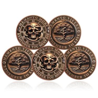 Imagem de CHURYUML Conjunto de moedas 5 peças Memento Mori Memento Vivere - Token de lembrete estóico para meditações estoicas diárias presentes estoicismo legais crânio desafio moedas árvore da vida presentes